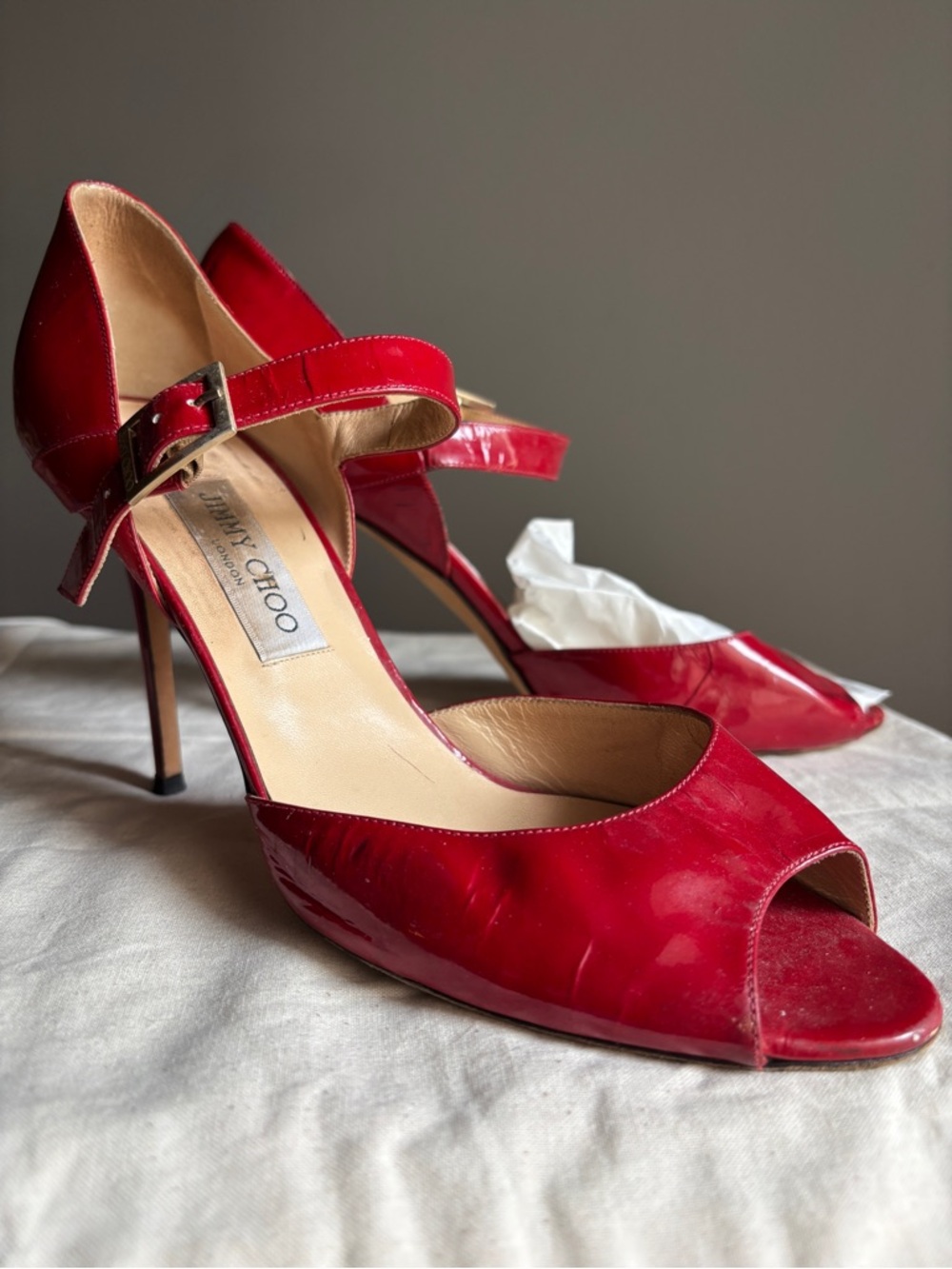 Patent Leather Jimmy Choo Peep Toe Strappy Stiletto Sandals Heels EU41-US10/10.5